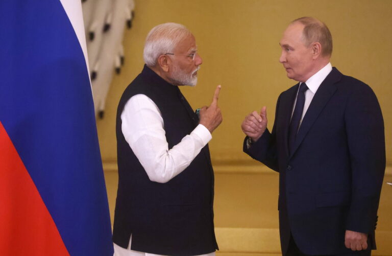 epa11468188 Russian President Vladimir Putin (R) and Indian Prime Minister Narendra Modi during their meeting in the Kremlin in Moscow, Russia, 09 July 2024. Narendra Modi is on his two days official visit to Russia. EPA/SERGEI ILNITSKY