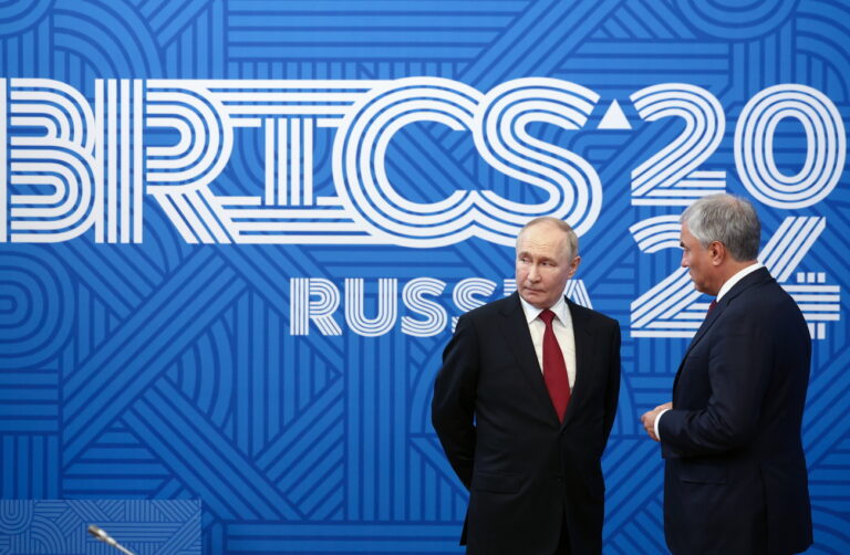 epa11472617 Russian President Vladimir Putin (L) and Russian State Duma Speaker Vyacheslav Volodin attend the 10th BRICS Parliamentary Forum in St.Petersburg, Russia, 11 July 2024. BRICS is an intergovernmental association of Brazil, the Russian Federation, the Republic of India, the People's Republic of China and the Republic of South Africa. EPA/VALERIY SHARIFULIN / SPUTNIK / KREMLIN POOL MANDATORY CREDIT