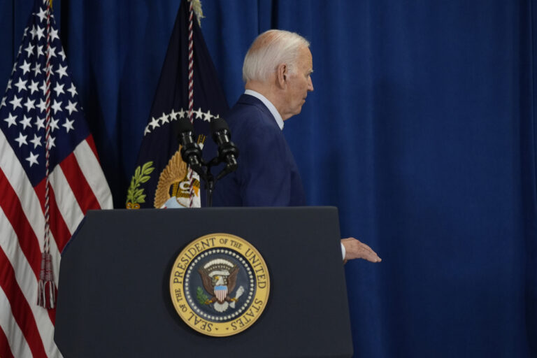 President Joe Biden departs after speaking, Saturday, July 13, 2024, in Rehoboth Beach, Del., addressing news that gunshots rang out at Republican presidential candidate former President Donald Trump's Pennsylvania campaign rally. (AP Photo/Manuel Balce Ceneta)