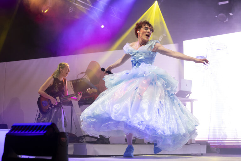 Swiss artist Nemo performs on the Waldbuehne stage at the Gurtenfestival in Bern, Switzerland, Thursday, July 18, 2024. (KEYSTONE/Peter Klaunzer)