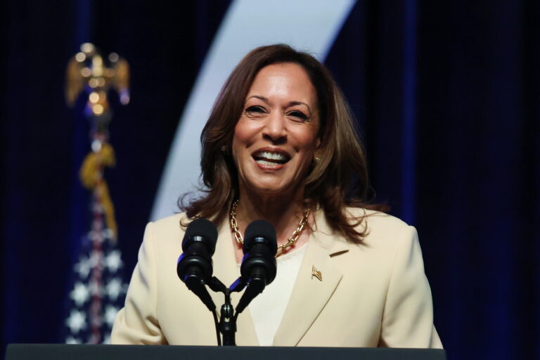 epa11494844 US Vice President Kamala Harris speaks during the Boule Social Justice Town Hall and Luncheon at the Zeta Phi Beta 2024 Grand Boule in Indianapolis, Indiana, USA, 24 July 2024. US President Joe Biden announced on 21 July that he would no longer seek re-election and endorsed Vice President Harris to be the Democratic presidential nominee for the US elections in November 2024. EPA/BRIAN SPURLOCK