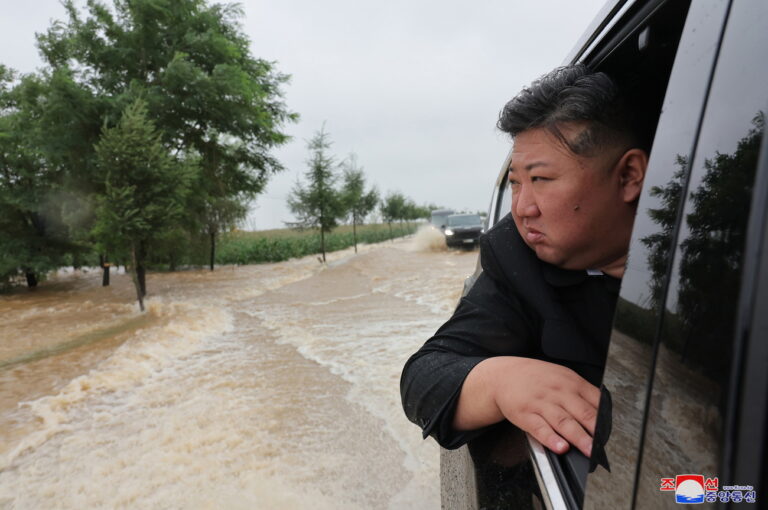 epa11504804 A photo released by the official North Korean Central News Agency (KCNA) shows North Korean leader Kim Jong Un inspecting a flood-hit area in North Phyongan Province, North Korea, 28 July 2024 (issued 29 July 2024). According to KCNA, a record downpour hit the northern border of North Korea and China on 27 July caused the water level of the Amnok River to far exceed the danger line, affecting more than 5,000 inhabitants in several islet areas of Sinuiju City and Uiju County of North Phyongan Province. EPA/KCNA EDITORIAL USE ONLY