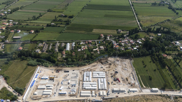 A migrant center is seen from above in Gjader, northwest Albania, Thursday, July 25, 2024. Migrants rescued at sea while attempting to reach Italy are likely to see themselves transported to Albania from next month while their asylum claims are processed, under a controversial deal in which the small Balkan country will host thousands of asylum-seekers on Italy's behalf. (AP Photo/Vlasov Sulaj)