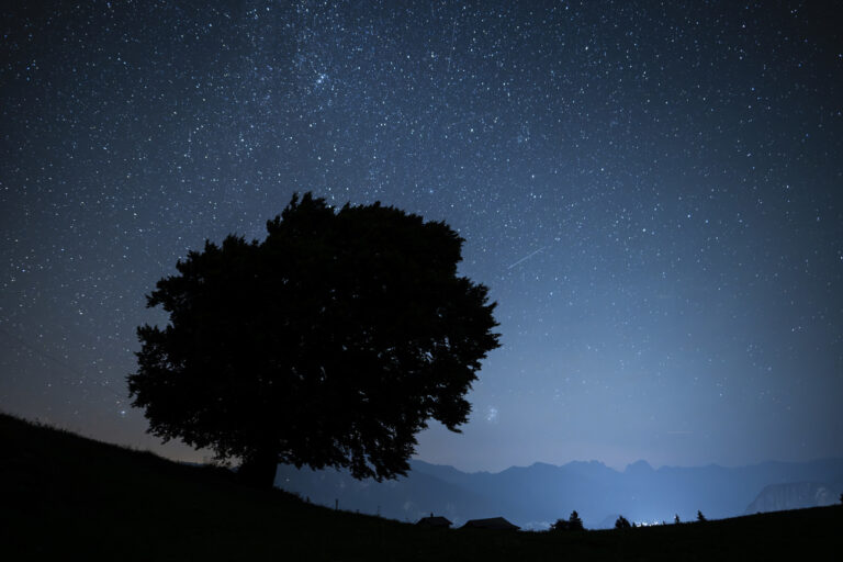 Sternschnuppen der Perseiden ziehen ueber die Landschaft, aufgenommen am Montag, 12. August 2024, in St. Margrethenberg. (KEYSTONE/Gian Ehrenzeller) Stars and shooting stars are pictured during the annual perseids meteor shower, on Monday, August 12, 2024, in St. Margrethenberg, Switzerland. (KEYSTONE/Gian Ehrenzeller)