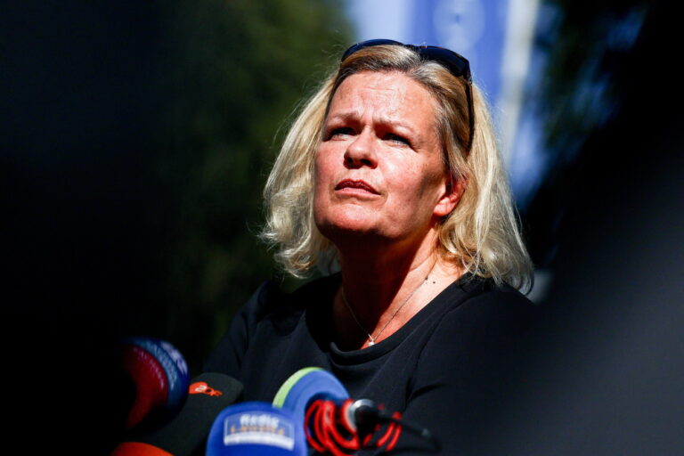 epa11547683 German Interior Minister Nancy Faeser gives press statement as she visits German federal police checkpoint at the German-Polish border Goerlitz, Germany, 13 August 2024. Faeser visits security authorities and emergency services in seven German federal states. The topics of the security tour include the fight against Islamist terrorism, limiting irregular migration and combating human trafficking. EPA/FILIP SINGER