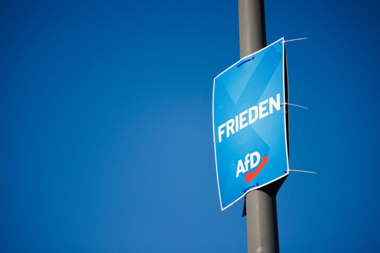 epa11547867 A campaigning poster of the far-right Alternative for Germany (AfD) party, reading 'peace' hangs on a light post in front of the railway station in Dresden, Germany, 13 August 2024. Saxony state election, voting for the regional parliament 'Landtag', will be held on 01 September 2024. EPA/CLEMENS BILAN