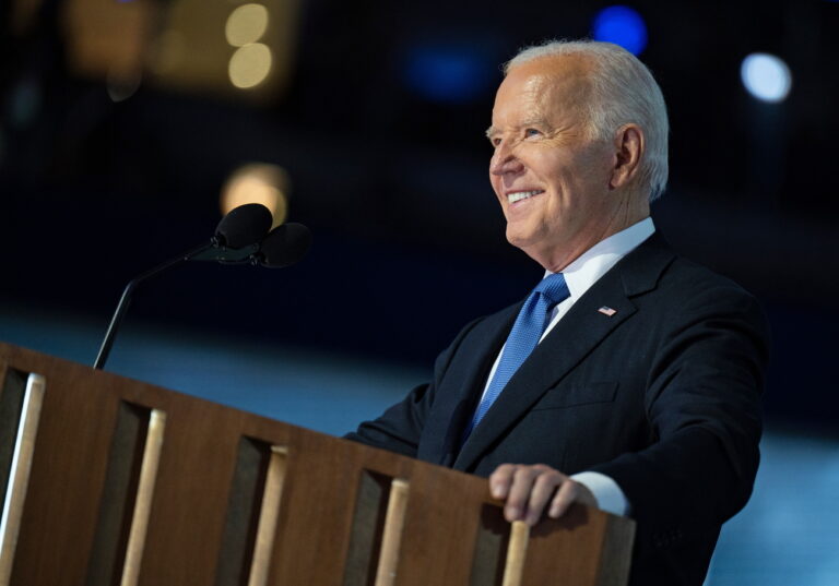 epa11556270 United States President Joe Biden delivers remarks at the 2024 Democratic National Convention in Chicago, Illinois, USA, 19 August 2024 (issued 20 August 2024). The 2024 Democratic National Convention is being held from 19 to 22 August 2024, during which delegates of the United States' Democratic Party will vote on the party's platform and ceremonially vote for the party's nominee for president, Vice President Kamala Harris, and for vice president, Governor Tim Walz of Minnesota, for the upcoming presidential election. EPA/ANNABELLE GORDON / CNP / POOL