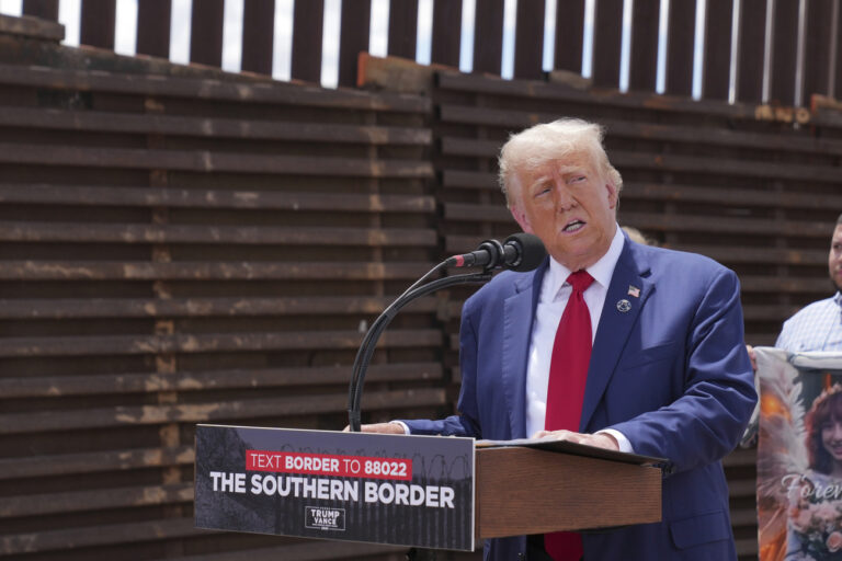 Former President Donald Trump speaks during a campaign event in front of the US-Mexico border, Thursday, Aug 22, 2024, in Sierra Vista, Arizona. (AP Photo/Rick Scuteri)