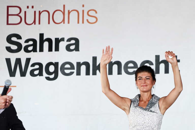 epa11569379 Sahra Wagenknecht, the Alliance (BSW) co-chairwoman attends a final election campaign rally of Alliance (BSW) party in Dresden, Germany, 28 August 2024. Saxony state election, voting for the regional parliament 'Landtag', will be held on 01 September 2024. EPA/FILIP SINGER