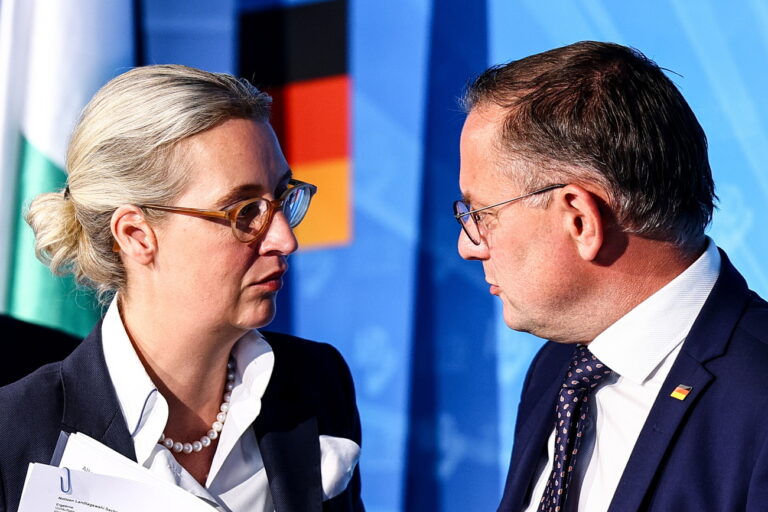 epa11579453 Alternative for Germany (AfD) right-wing political party co-chairman Tino Chrupalla (R) and AfD deputy chairwoman Alice Weidel (L) attend an AfD party press conference in Berlin, Germany, 02 September 2024. The far-right Alternative for Germany (AfD) has won first place in the state elections in Thuringia and is only just behind the CDU in second place in Saxony. Not since 1945 has a German far-right party been number one in an election. It is likely to be difficult to form a stable government in both federal states. The AfD is claiming to be in government, but the other parties are rejecting a coalition with it. EPA/Filip Singer