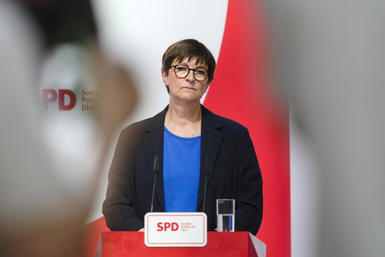 Saskia Esken, co-party leader of Chancellor Olaf Scholze's Social Democratic Party, SPD, speaks to media at the party's headquarters in Berlin, Germany, Monday, Sept. 2, 2024. (AP Photo/Markus Schreiber)