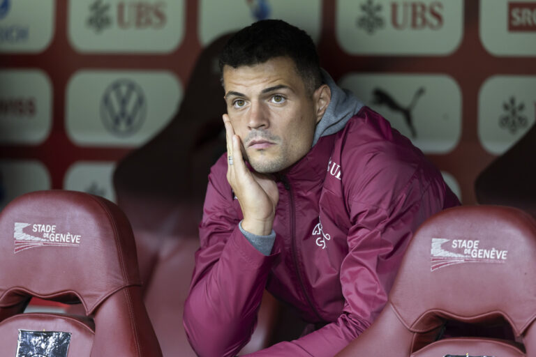 Switzerland's midfielder Granit Xhaka before the start of the match, during the UEFA Nations League group A4 qualifying soccer match between Switzerland and Spain, at the Stade de Geneve, in Geneva, Switzerland, Sunday, September 8, 2024. (KEYSTONE/Cyril Zingaro)