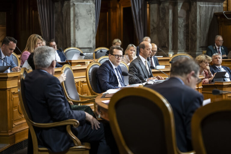 Benedikt Wuerth, Mitte-SG, Mitte links, aeussert sich neben Beat Rieder, Mitte-VS, Mitte rechts, zur Finanzierung der Entwicklungszusammenarbeit, an der Herbstsession der Eidgenoessischen Raete, am Mittwoch, 11. September 2024 im Staenderat in Bern. (KEYSTONE/Alessandro della Valle)