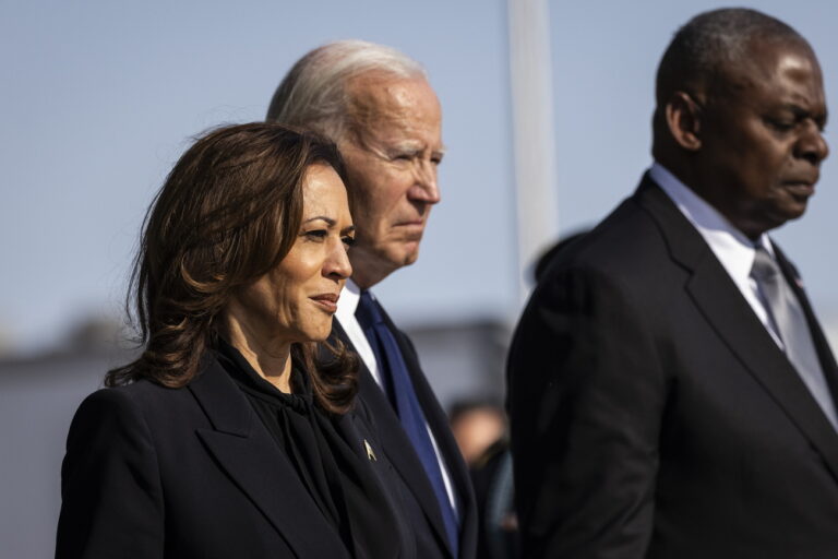 epa11599181 (L-R) US Vice President and Democratic presidential nominee Kamala Harris, US President Joe Biden, and Secretary of Defense Lloyd Austin participate in a wreath laying ceremony in observance of the 23rd anniversary of the 9/11 terror attack at the Pentagon in Arlington, Virginia, USA, 11 September 2024. Today President Biden and Vice President Harris have also participated in observance ceremonies in New York City and Shankesville, Pennsylvania. EPA/Samuel Corum / POOL