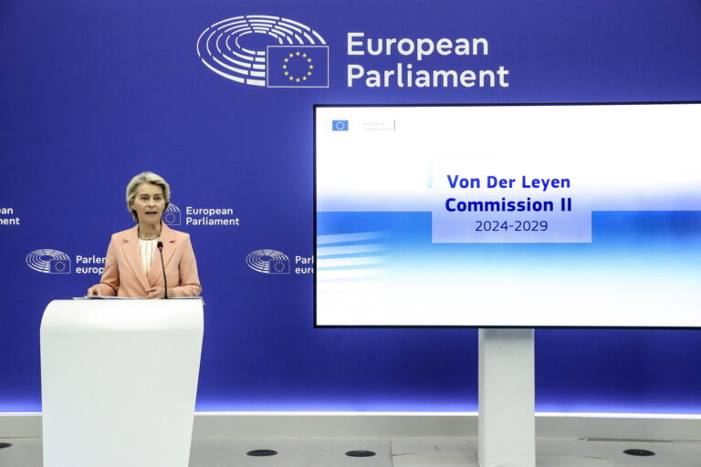 epa11609193 President of the European Commission Ursula von der Leyen presents her new College of Commissioners during a press conference at the European Parliament in Strasbourg, France, 17 September 2024. President of the European Commission Ursula von der Leyen's proposed new College of Commissioners during her second term in office will now need approval from the European Paliament during the confirmation hearing process. EPA/Teresa Suarez