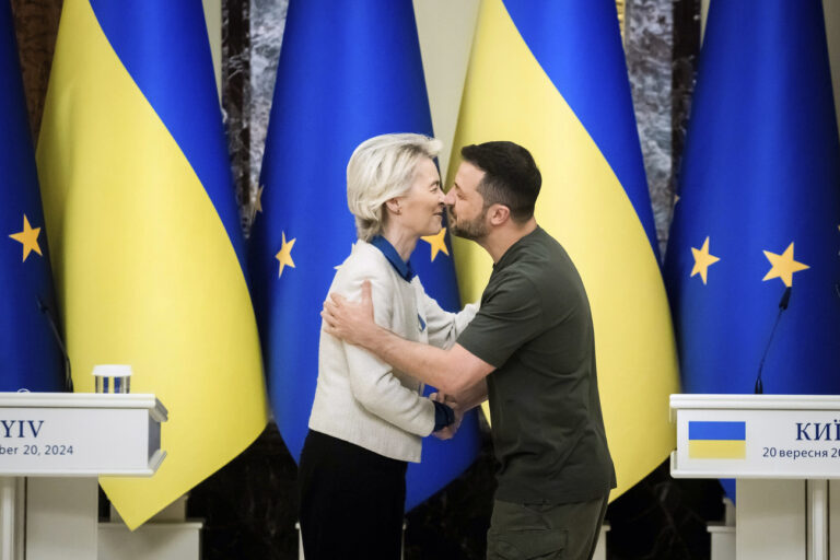 Ukrainian President Volodymyr Zelenskyy, right, and European Commission President Ursula von der Leyen greet each other in Kyiv, Ukraine, Friday, Sept. 20, 2024. ( (Christoph Soeder, Pool via AP)