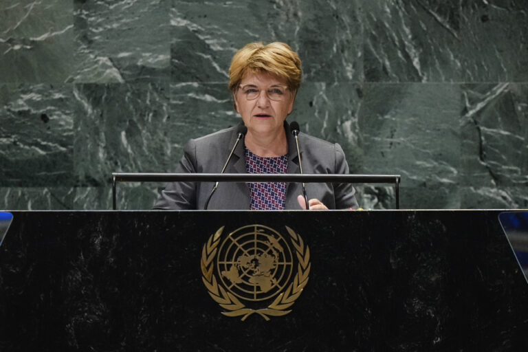 President of Switzerland, Viola Amherd, speaks to the United Nations General Assembly during the Summit for the Future, Sunday, Sept. 22, 2024 at U.N. headquarters. (AP Photo/Frank Franklin II)