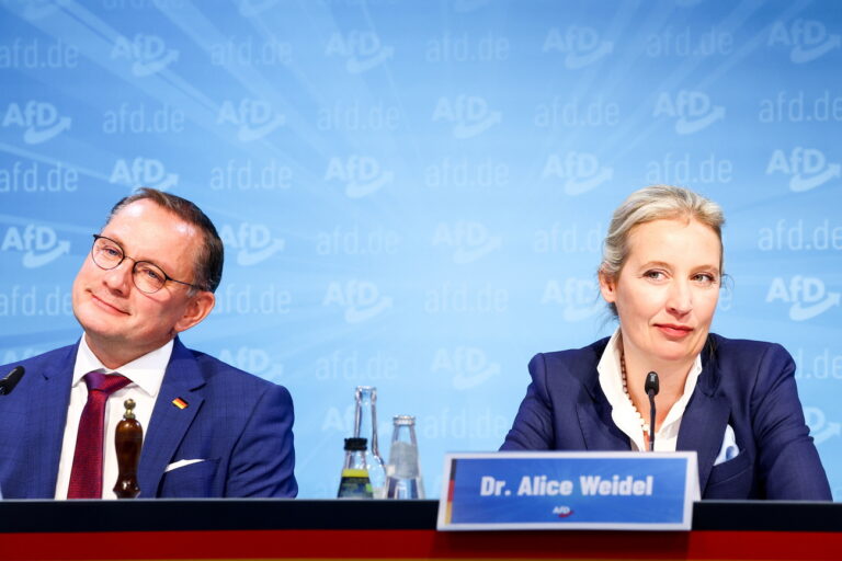 epa11620269 Alternative for Germany (AfD) right-wing political party co-chairman, Tino Chrupalla (L), and AfD deputy chairwoman, Alice Weidel (R), attend an attend an AfD party press conference in Berlin, 23 September 2024. The far-right Alternative for Germany (AfD) has taken second place in the state elections in Brandenburg, behind the Social Democratic Party (SPD), with 29 percent of the vote. EPA/Filip Singer