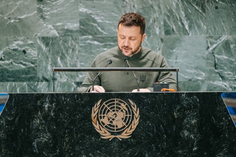 epa11621403 Ukrainian President Volodymyr Zelensky speaks during the 'Summit of the Future' being held in advance of this week?s General Debate of the 79th session of the United Nations General Assembly at United Nations Headquarters in New York, New York, USA, 23 September 2024. EPA/OLGA FEDOROVA