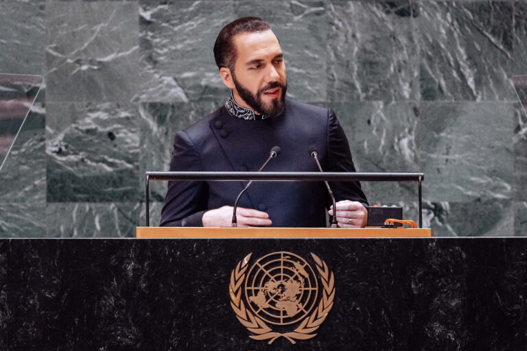 epa11623021 El Salvador's President Nayib Bukele speaks during the General Debate of the 79th session of the United Nations General Assembly at United Nations Headquarters in New York, New York, USA, 24 September 2024. The annual high-level General Debate gathers world leaders from 24 to 28 September, and 30 September under the theme, 'Leaving no one behind: acting together for the advancement of peace, sustainable development and human dignity for present and future generations'. EPA/OLGA FEDOROVA