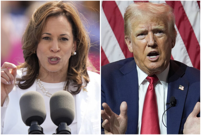 This combination of photos shows Vice President Kamala Harris, left, on Aug. 7, 2024, and Republican presidential candidate former President Donald Trump on July 31, 2024. (AP Photo/Charles Rex Arbogast)