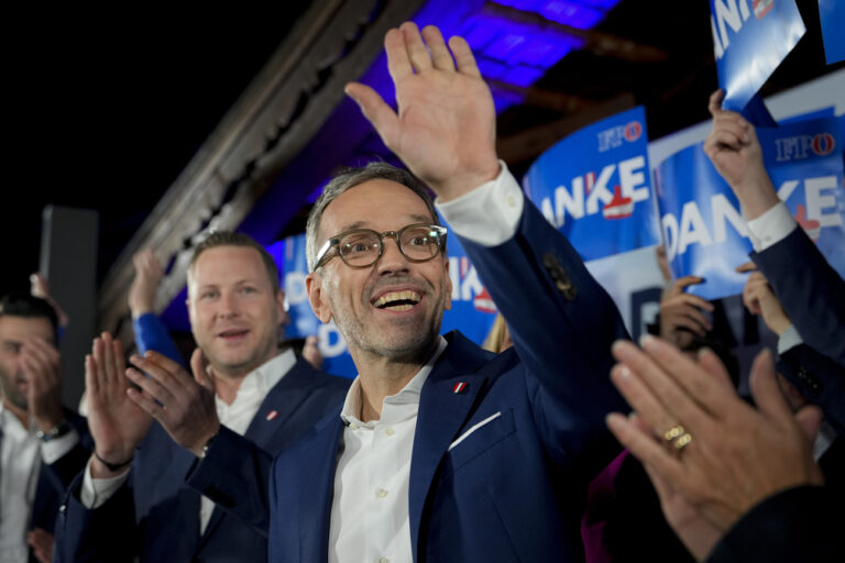 Herbert Kickl, leader of the Freedom Party of Austria waves to supporters, in Vienna, Austria, Sunday, Sept. 29, 2024, after polls closed in the country's national election. (AP Photo/Andreea Alexandru)