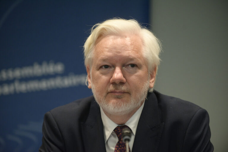 Wikileaks founder Julian Assange attends the Council of Europe in Strasbourg, eastern France, Tuesday, Oct. 1, 2024. (AP Photo/Pascal Bastien)