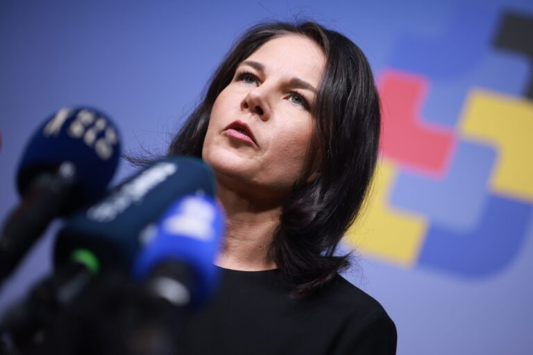 epa11635601 German Foreign Minister Annalena Baerbock speaks to media during the 10th Conference of Foreign Ministers as part of the Berlin Process in Berlin, Germany, 01 October 2024. On 01 October 2024, foreign ministers of six Western Balkan, other European countries and representatives of the European Union participate in the 10th Conference of Foreign Ministers in the so called 'Berlin Process' on invitation of German Foreign Minister Annalena Baerbock. EPA/CLEMENS BILAN