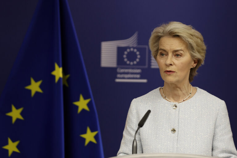 European Commission President Ursula von der Leyen speaks during a meeting with Britain's Prime Minister Keir Starmer in Brussels, Wednesday, Oct. 2, 2024.(AP Photo/Omar Havana)