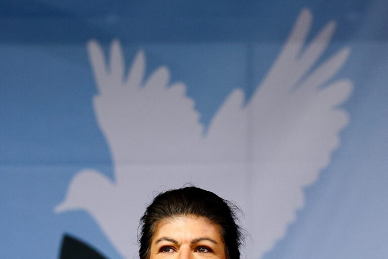 epaselect epa11639735 Sahra Wagenknecht, leader of the left-wing Alliance (BSW) party speaks during the 'NO to Wars' demonstration at the Unity Day commemorations in Berlin, Germany, 03 October 2024. German Unity Day is celebrated annually on 03 October to commemorate the reunification of East and West Germany in 1990. EPA/FILIP SINGER