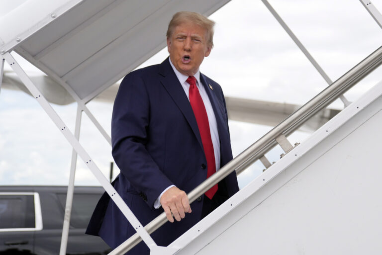 Republican presidential nominee former President Donald Trump boards his plane at West Palm Beach International Airport, Saturday, Oct. 5, 2024, in West Palm Beach, Fla., as he travels to a campaign rally in Butler, Pa. (AP Photo/Evan Vucci).Donald Trump