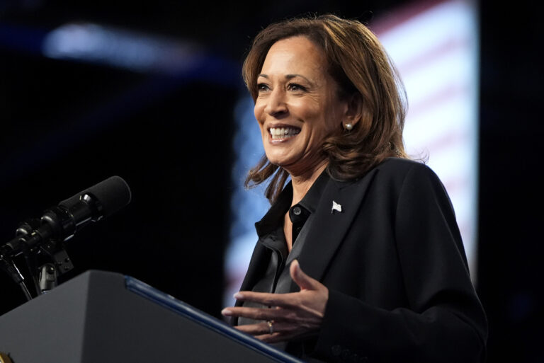 FILE - Democratic presidential nominee Vice President Kamala Harris speaks during a rally at the Dort Financial Center in Flint, Mich., Friday, Oct. 4, 2024. (AP Photo/Mark Schiefelbein, File).Kamala Harris