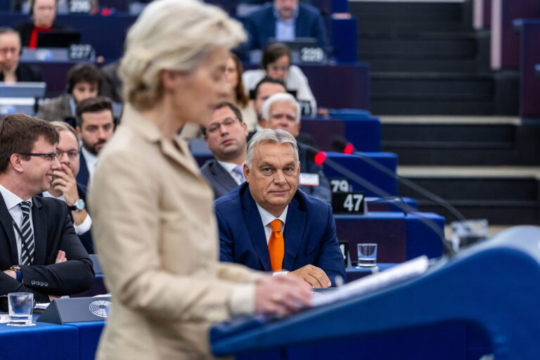 epa11650323 Hungarian Prime Minister Viktor Orban (R) looks on as European Commission President Ursula Von der Leyen (C) speaks at a plenary session for the presentation of the programme of activities of the Hungarian Presidency at the European Parliament in Strasbourg, France, 09 October 2024. EPA/CHRISTOPHE PETIT TESSON