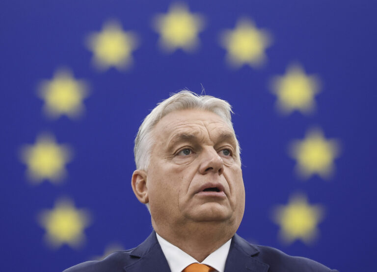 Hungarian Prime Minister and President of EU Council Viktor Orban delivers his speech in the hemicycle of the European parliament in Strasbourg, France, during a debate on the Hungarian programme council presidency, Wednesday Oct. 9, 2024. (AP Photo/Jean-Francois Badias)