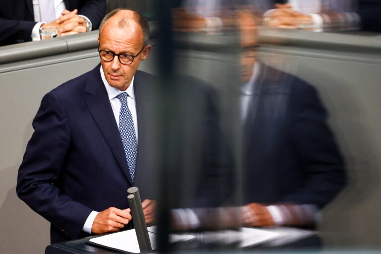 epa11651814 Chairman of the Christian Democratic Union (CDU) party and faction, Friedrich Merz, speaks during a special session of the German Bundestag to mark the anniversary of the 07 October 2023 Hamas-led attack on Israel, in Berlin, Germany, 10 October 2024. EPA/Filip Singer