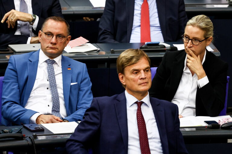 epa11651927 Alternative for Germany (AfD) right-wing party co-chairman, Tino Chrupalla (L), and AfD deputy chairwoman, Alice Weidel (R) attend a special session of the 'Bundestag', or German parliament, marking the first anniversary of the 07 October 2023 Hamas-led attack on Israel, in Berlin, Germany, 10 October 2024. EPA/FILIP SINGER