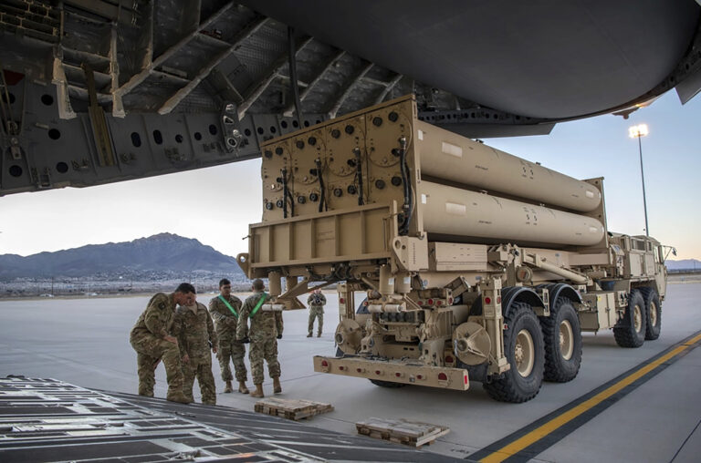 This image provided by the U.S. Air Force shows the U.S. Army Terminal High Altitude Area Defense (THAAD) launching station preparing to load onto a 4th Airlift Squadron C-17 Globemaster III at Fort Bliss, Texas, Feb. 23, 2019. (Staff Sgt. Cory D. Payne/U.S. Air Force via AP)