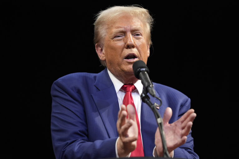 Republican presidential nominee former President Donald Trump speaks at a campaign rally at the Findlay Toyota Arena Sunday, Oct. 13, 2024, in Prescott Valley, Ariz. (AP Photo/Evan Vucci).Donald Trump