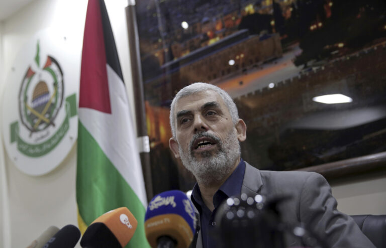 FILE - Yahya Sinwar speaks to foreign correspondents in his office in Gaza City on May 10, 2018. (AP Photo/Khalil Hamra, File).Yahya Sinwar