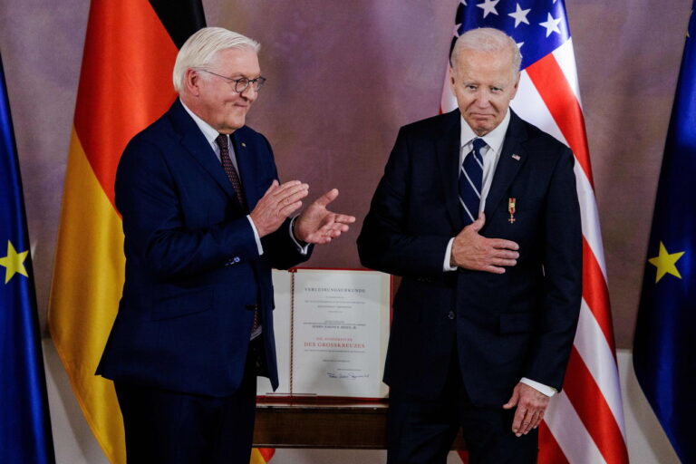 epa11666652 German President Frank-Walter Steinmeier (L) awards US President Joe Biden the Federal Medal of Merit by the German president at Schloss Bellevue in Berlin, Germany, 18 October 2024. Biden is on a visit to Germany from 17 to 18 October 2024 to attend an Order of Merit ceremony and meet with the German chancellor, British prime minister, and French president. EPA/CARSTEN KOALL / POOL