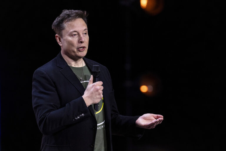 Elon Musk speaks at Life Center Church in Harrisburg, Pa., Saturday, Oct. 19, 2024. (Sean Simmers/The Patriot-News via AP)