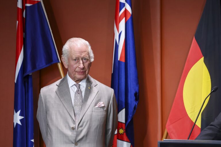 Britain's King Charles reacts during a reception to celebrate the bicentenary of the Legislative Council in Sydney, Oct. 20, 2024. (David Gray/Pool Photo via AP)