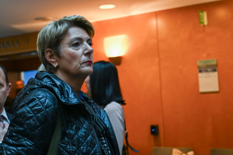 epa11683319 Head of the Federal Department of Finance in Switzerland Karin Keller-Sutter exits the IMFC Plenary session during the International Monetary Fund World Bank Group 2024 Annual Meetings In Washington, DC, USA, 25 October 2024. The annual meetings take place at the IMF and World Bank headquarters from 21 to 25 October in Washington, DC. EPA/ANNABELLE GORDON