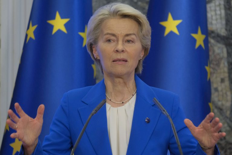 European Commission President Ursula von der Leyen speaks during a media conference after talks with Montenegro's Prime Minister Milojko Spajic in Podgorica, Montenegro, Saturday, Oct. 26, 2024. (AP Photo/Risto Bozovic)