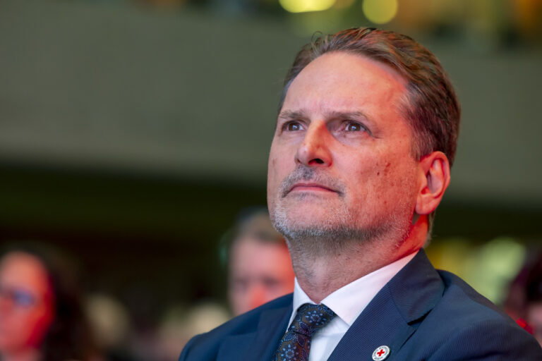 Pierre Krahenbuhl, Director General of the International Committee of the Red Cross (ICRC), listens a statement during the 34th International Conference of the Red Cross and Red Crescent in Geneva, Switzerland, Monday, October 28, 2024. (KEYSTONE/Salvatore Di Nolfi)