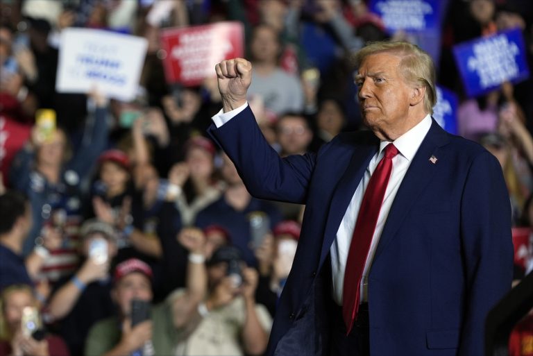 Republican presidential nominee former President Donald Trump arrives for a campaign rally at PPL Center, Tuesday, Oct. 29, 2024, in Allentown, Pa. (AP Photo/Julia Demaree Nikhinson).Election 2024 Trump