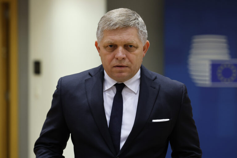 FILE - Slovakia's Prime Minister Robert Fico arrives to a round table meeting at an EU summit in Brussels, Feb. 1, 2024. (AP Photo/Geert Vanden Wijngaert, File)