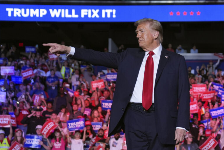 Republican presidential nominee former President Donald Trump arrives at a campaign rally at First Horizon Coliseum, Saturday, Nov. 2, 2024, in Greensboro, N.C. (AP Photo/Evan Vucci)