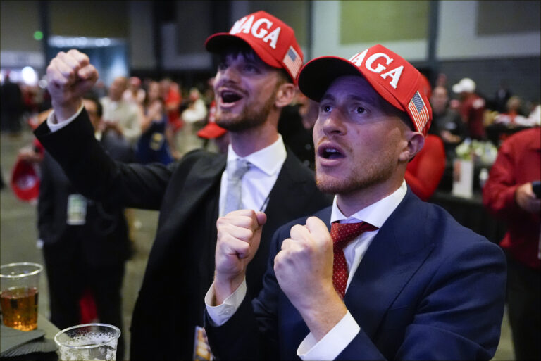 Supporters arrive at an election night watch party for Republican presidential nominee former President Donald Trump Tuesday, Nov. 5, 2024, in West Palm Beach, Fla. (AP Photo/Julia Demaree Nikhinson)