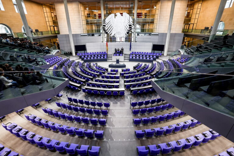 epa11709700 A view of the empty seats after a session of the German parliament 'Bundestag', in Berlin, Germany, 08 November 2024. The German chancellor announced on 06 November, the dismissal of German Finance Minister Lindner in the course of ongoing consultations between parts of the so-called traffic light coalition of SPD, Greens, and FDP. EPA/FILIP SINGER